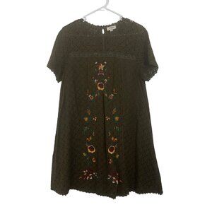 Umgee Olive Women Green Lace Embroidered Short-Sleeve Overlay Tunic Dress SZ M